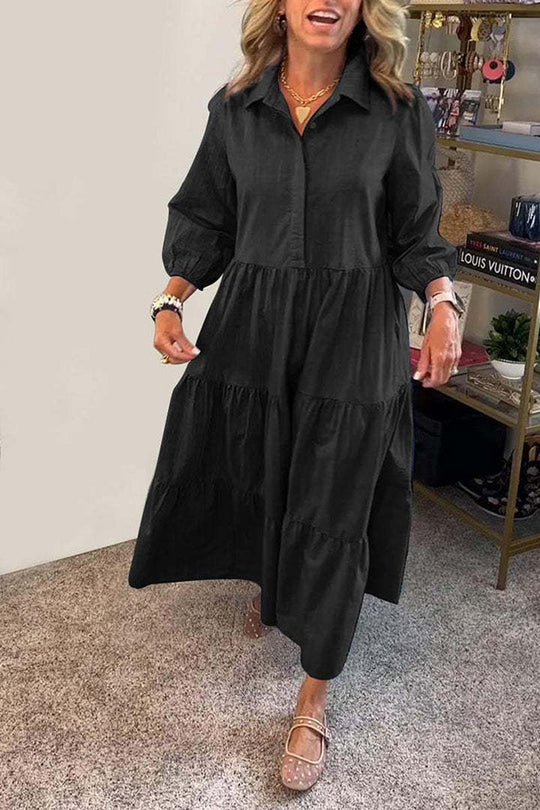 Maureen® | Einfarbiges, lockeres Maxikleid mit elastischen Bündchen am Revers