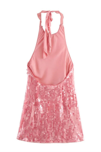 Katherine® | Sexy rückenfreies Neckholder-Minikleid mit Rosen-Scheibenmuster und Pailletten