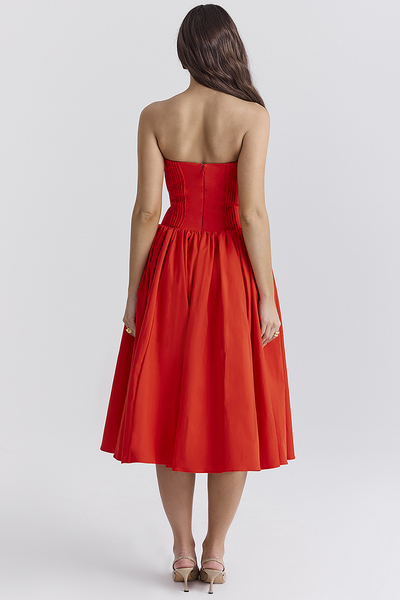 Lisa® | Trägerloses Korsett-Midikleid mit plissiertem Saum für Abschlussball und Party – Rot