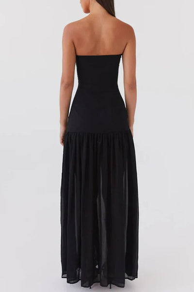 Lizzy® | Trägerloses, halbtransparentes Patchwork-Maxikleid aus Chiffon