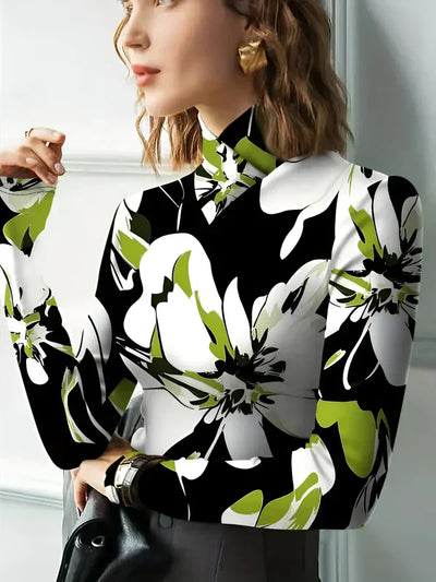 Risa - sexy rollkragen-langarm-t-shirt mit hohem kragen und blumendruck