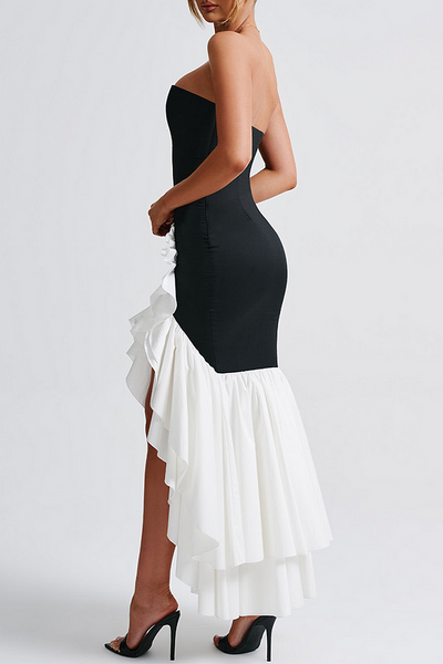 Linda® | Trägerloses, figurbetontes Colorblock-Maxikleid mit Rüschen und Fischschwanz-Schwarz
