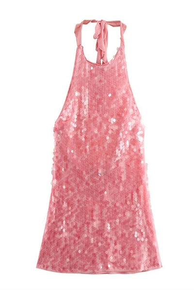 Katherine® | Sexy rückenfreies Neckholder-Minikleid mit Rosen-Scheibenmuster und Pailletten
