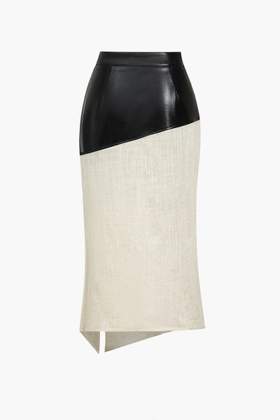 Danica | Eleganter Midirock mit asymmetrischem Kunstleder und Leinen-Design