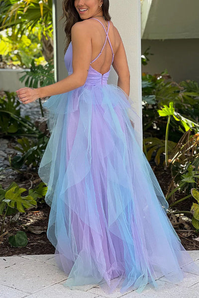 Maritza® | Lavendelfarbenes und blaues Rüschen-Mesh-Maxikleid