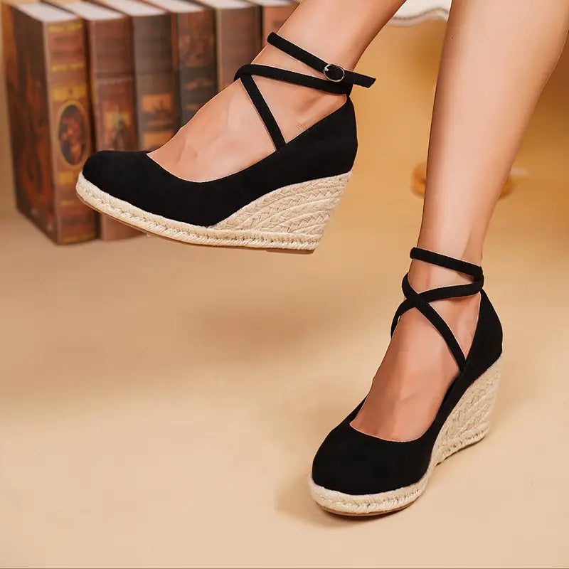 Avery | Elegante schwarze Damen-Keilabsätze mit Espadrille-Sohle