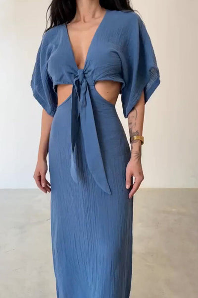 Elda® | Kleid aus Baumwolle und Leinen mit Schnürung und freiliegender Taille