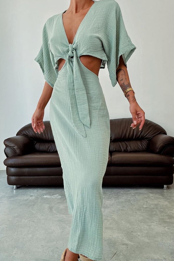 Elda® | Kleid aus Baumwolle und Leinen mit Schnürung und freiliegender Taille