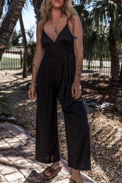 Zelda® | Schwarzer sexy Cami-Jumpsuit mit V-Ausschnitt, hoher Taille und weitem Bein