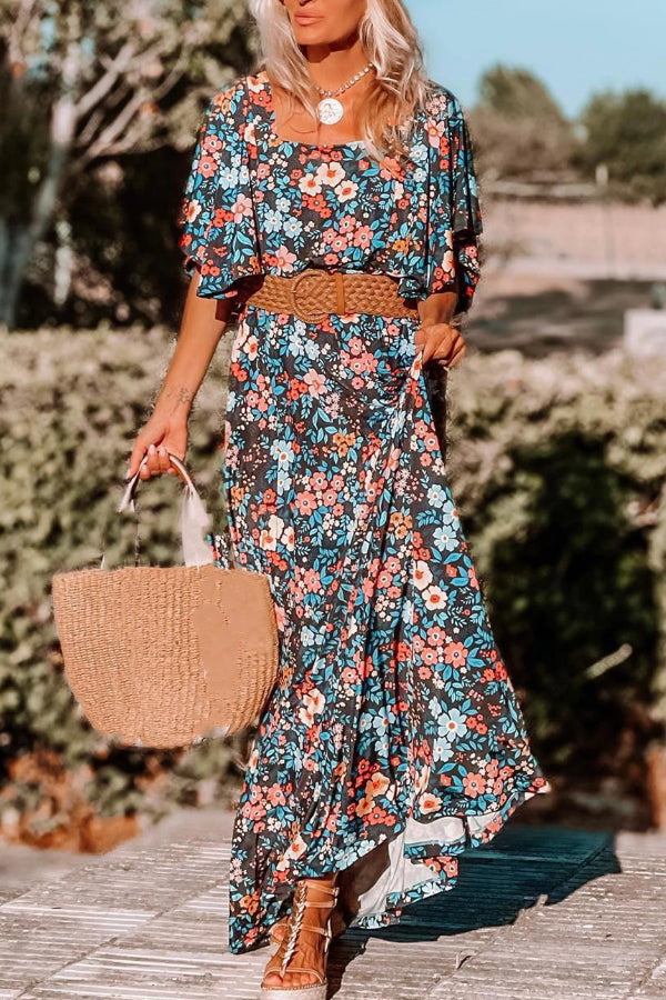 Fiona® | Himmelblaues, geknotetes, rückenfreies Maxikleid mit Boho-Blumendruck