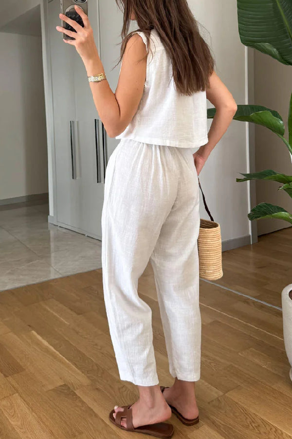 Zelma® | Lässiges, einfarbiges Revers-Weste- und Hosen-Zweiteiler-Set aus Baumwollleinen