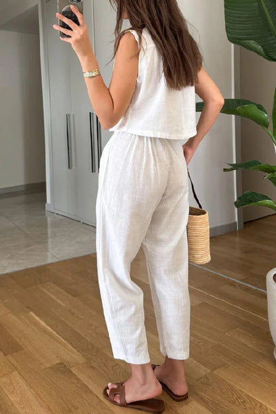 Zelma® | Lässiges, einfarbiges Revers-Weste- und Hosen-Zweiteiler-Set aus Baumwollleinen