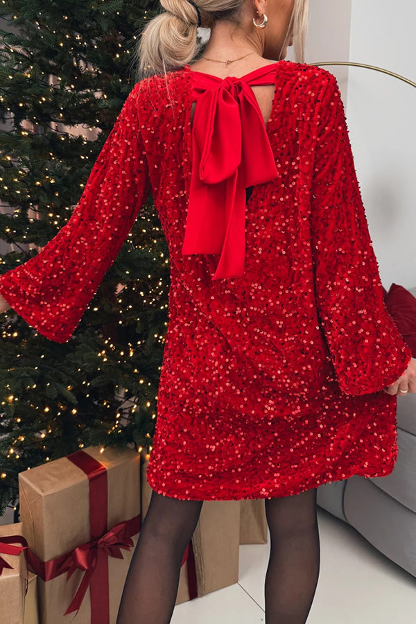Maeve® | Lockeres Minikleid aus Samt mit Pailletten am Rücken, Schleife und Glockenärmeln