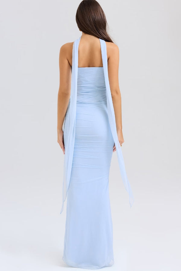 Lavinia® | Halsumwickeltes, trägerloses Korsett, figurbetonter Maxirock, 2-teiliges Set-Blau