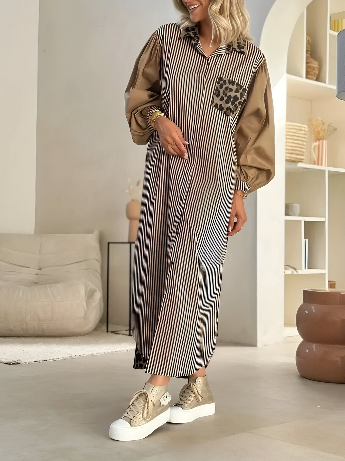 Arris | Stylisches Maxikleid mit Leopardenmuster & Streifen