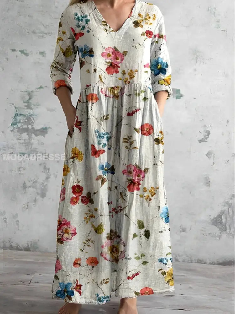 Retro V-Neck Maxi Dress with Floral Rose Pattern for Women