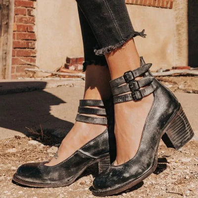 Damen Blockabsatz Pumps mit Riemen und Reißverschluss
