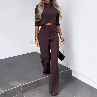 Damen elegantes zweiteiliges Set mit Crop Top und Hose mit weitem Bein