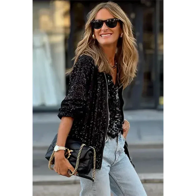 Damen Glitzer Bomberjacke mit Reißverschluss