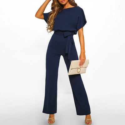 Damen Jumpsuit mit Gürtel und kurzen Ärmeln