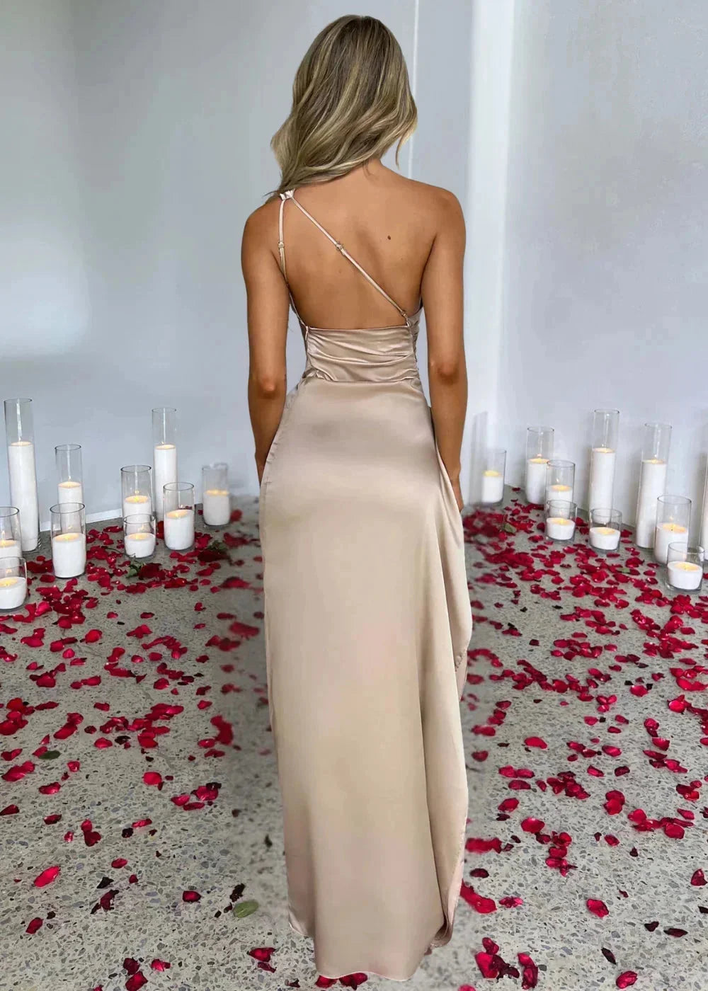 Damen Maxikleid mit Einer Schulter und Beinschlitz