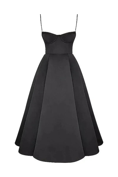 Damen Midi Satin Kleid in Schwarz mit Cremefarbenem Tüll