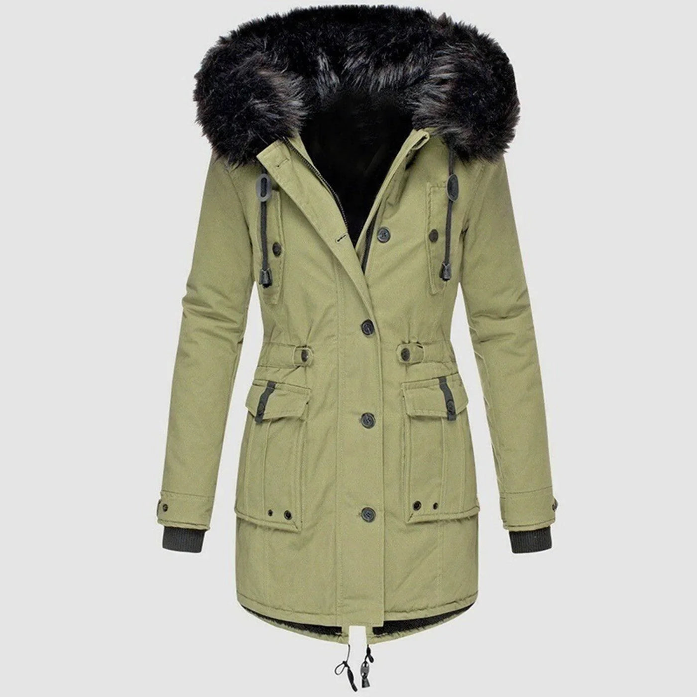 Damen Winterjacke mit Fellkapuze und Taschen