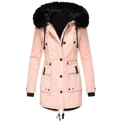 Damen Winterjacke mit Fellkapuze und Taschen