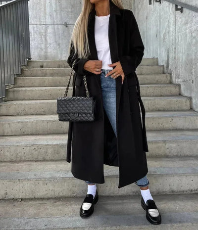 Damen Zweireihiger Mantel mit Gürtel und Taschen