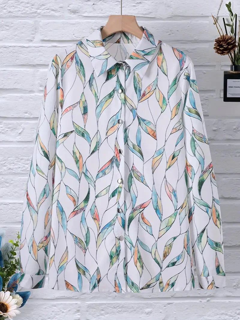 Damen Bluse mit Blattmuster und Dreiviertelärmeln