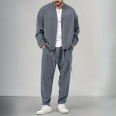 Geknöpftes Cardigan- & Kordelzug-Hosen-Set für Herren