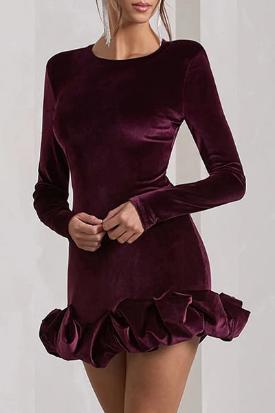 Lauren® | Samt-Minikleid mit rundem Ausschnitt und langen Ärmeln und gerüschtem Puffsaum – Lila