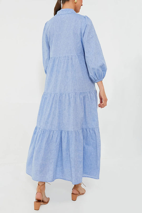 Maureen® | Einfarbiges, lockeres Maxikleid mit elastischen Bündchen am Revers