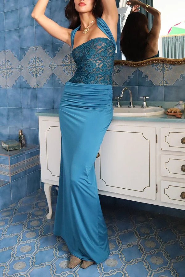 Lea® | Jacquard-Patchwork-Rüschen, schmale Passform, ärmelloses Maxikleid – Blau
