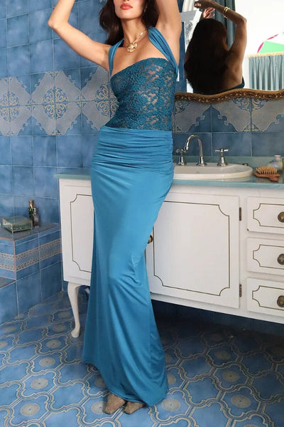 Lea® | Jacquard-Patchwork-Rüschen, schmale Passform, ärmelloses Maxikleid – Blau