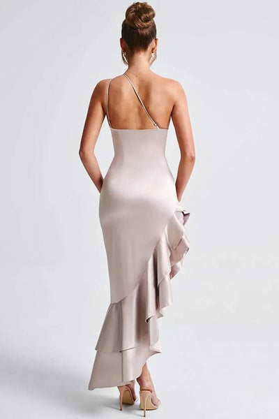 Layla® | One-Shoulder-Maxikleid aus Satin mit Rüschen, Schlitz und Rüschen
