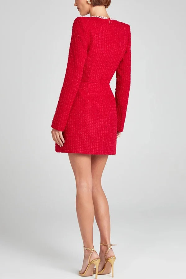 Lexi® | Mädchenhaftes und glamouröses Minikleid aus Tweed-Stoff mit Perlenbesatz, langen Schlitzärmeln und Taschen