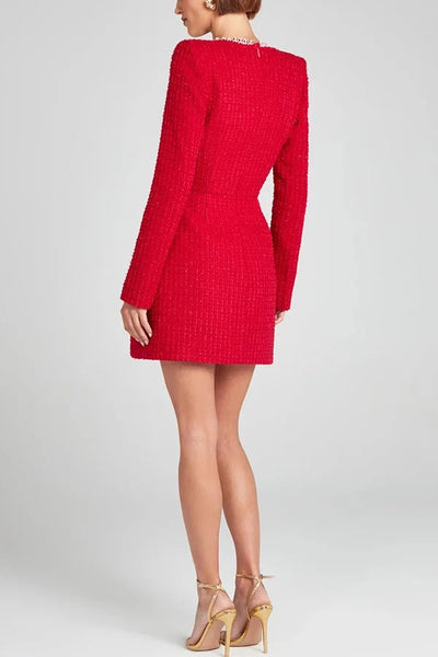 Lexi® | Mädchenhaftes und glamouröses Minikleid aus Tweed-Stoff mit Perlenbesatz, langen Schlitzärmeln und Taschen
