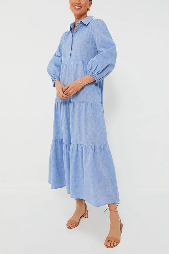 Maureen® | Einfarbiges, lockeres Maxikleid mit elastischen Bündchen am Revers