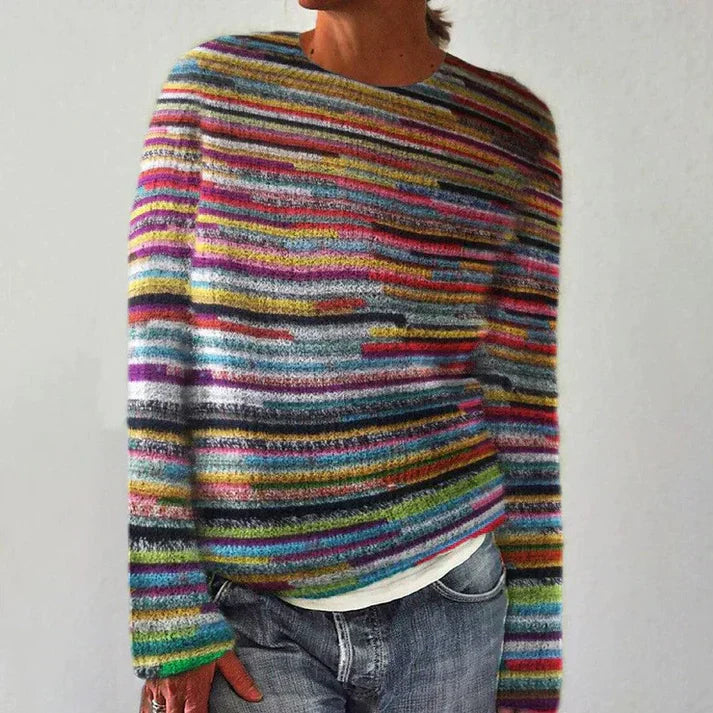 Grobstrickpullover Damen Gestreift | Rundhals mit Langen Ärmeln