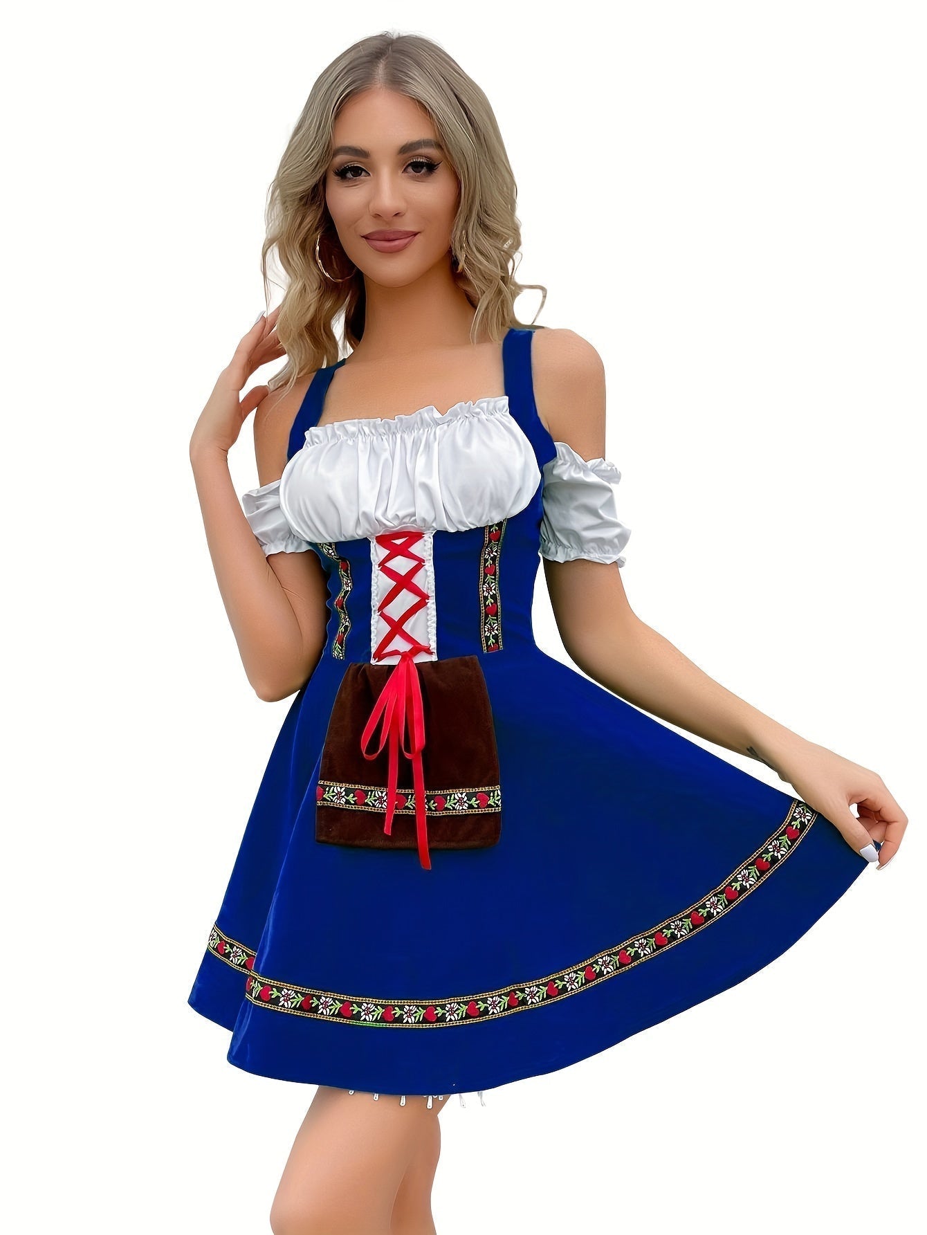 Damen Schulterfrei Blau Oktoberfest Dirndl Kleid