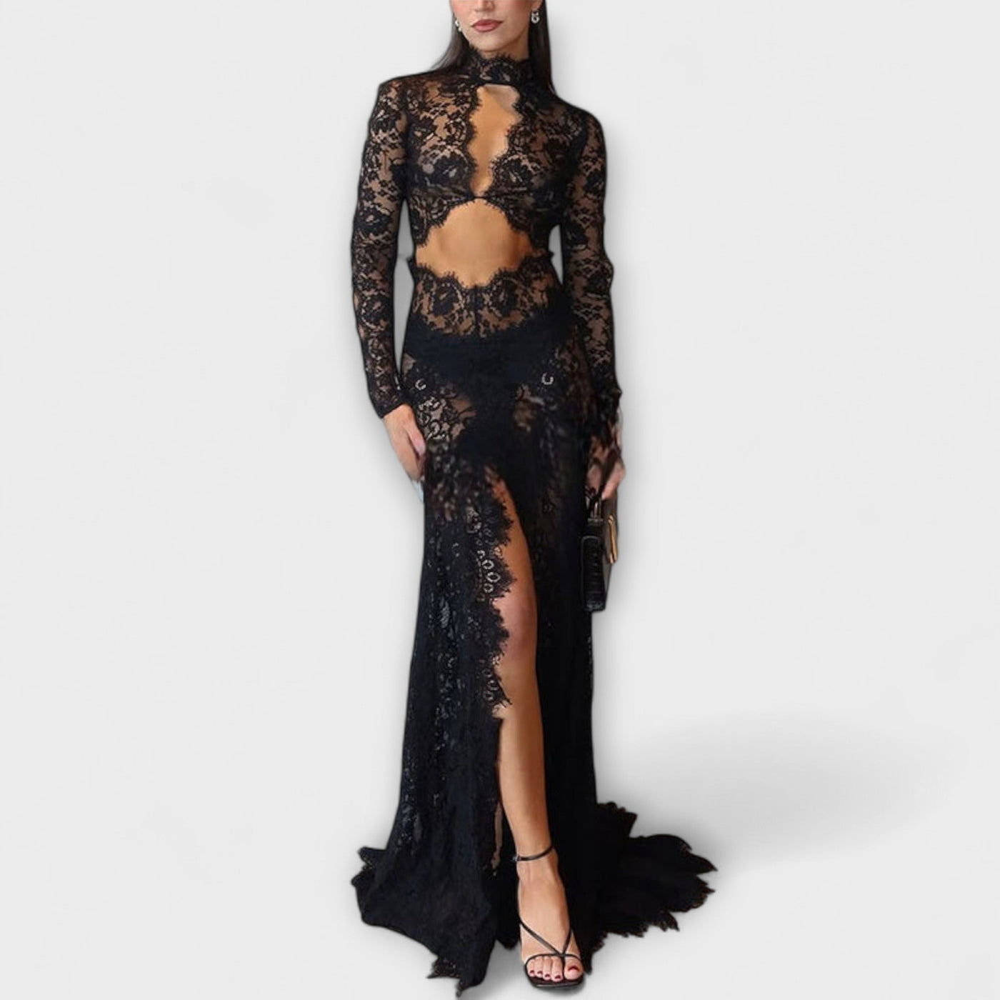 Azalee - Mitternachts-Eleganz Sheer Cutout Langarm Stretch-Maxikleid" could be rewritten as:

"Azalee - Midnight Elegance Sheer Cutout Long Sleeve Stretch Maxi Dress
