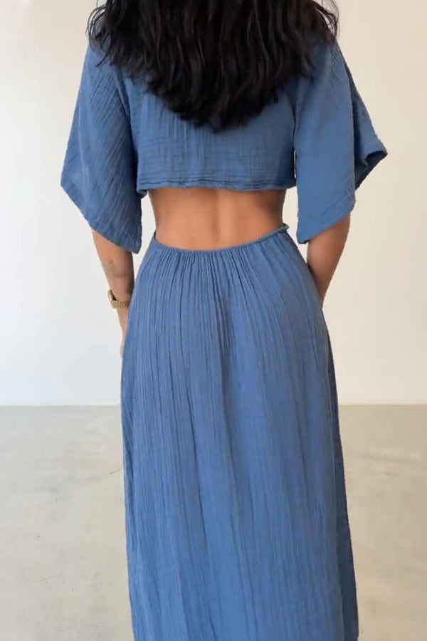 Elda® | Kleid aus Baumwolle und Leinen mit Schnürung und freiliegender Taille