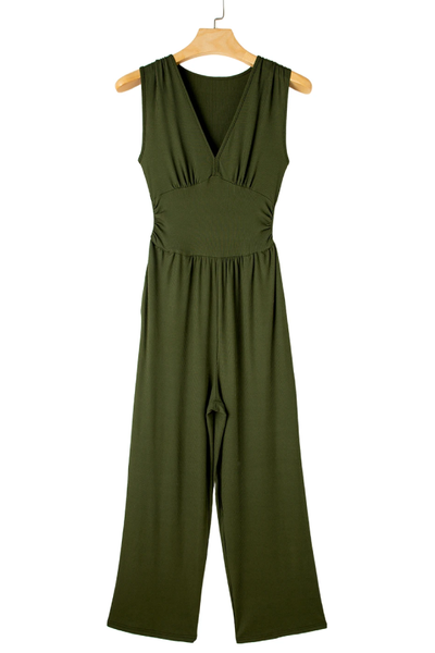 Zarina® | Moosgrüner, ärmelloser, gerüschter Overall mit weitem Bein und V-Ausschnitt