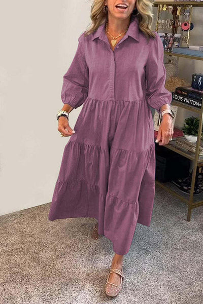 Maureen® | Einfarbiges, lockeres Maxikleid mit elastischen Bündchen am Revers