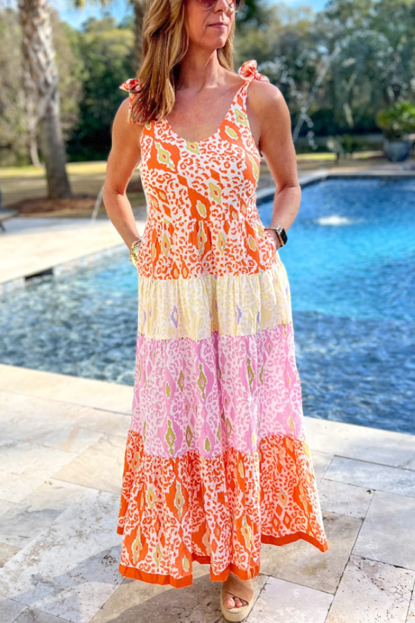 Zenda® | Orangefarbenes, gestuftes Kleid mit Leopardenmuster und geknoteten Trägern