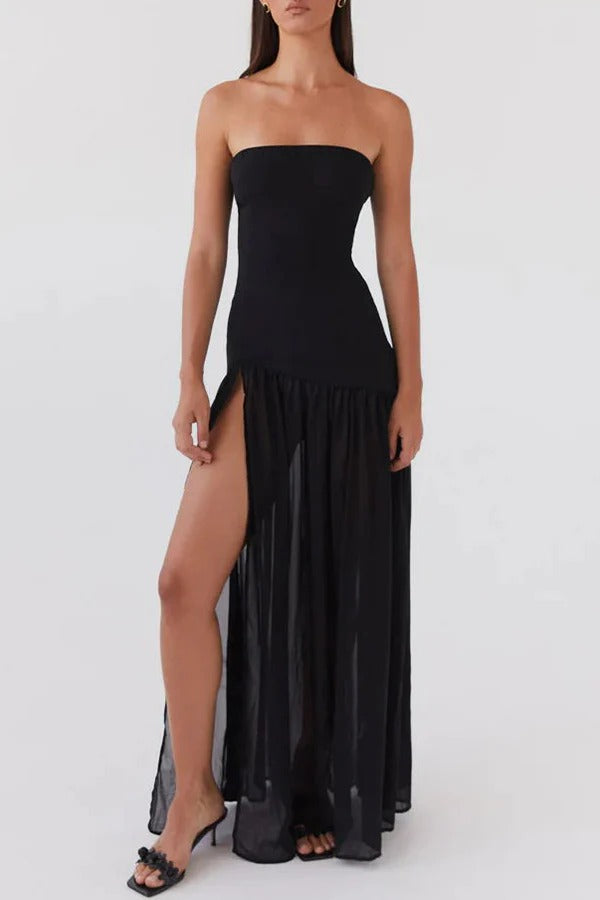 Lizzy® | Trägerloses, halbtransparentes Patchwork-Maxikleid aus Chiffon