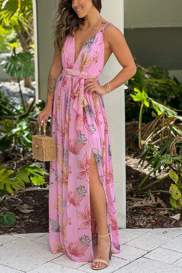 Nayeli® | Rosa bedrucktes Maxikleid mit Schlitz