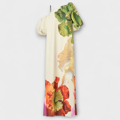 Skylar - Floral Print Maxi Dress with Asymmetrical Neckline and Puff Sleeves