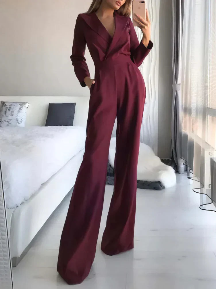 Damen Sommer-Jumpsuit mit langen Ärmeln und V-Ausschnitt